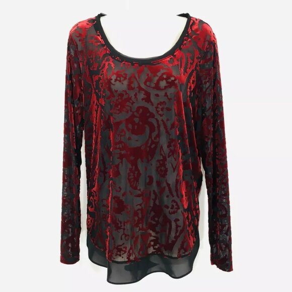 Simply Vera Wang Sz L Red Burnout Velvet Top Sheer Tunic Whimsy Goth - Picture 3 of 13